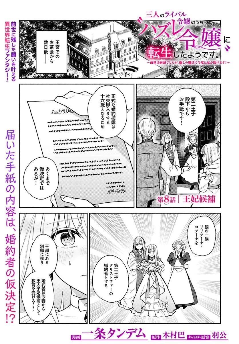 Sannin no Rival Reijou no Uchi Hazure Reijou ni Tensei Shita you desu. – Zense wa Byoujaku deshita ga, Iyashi no Mahou de Kondo wa Watashi ga Tasukemasu - Chapter 8.1 - Page 1